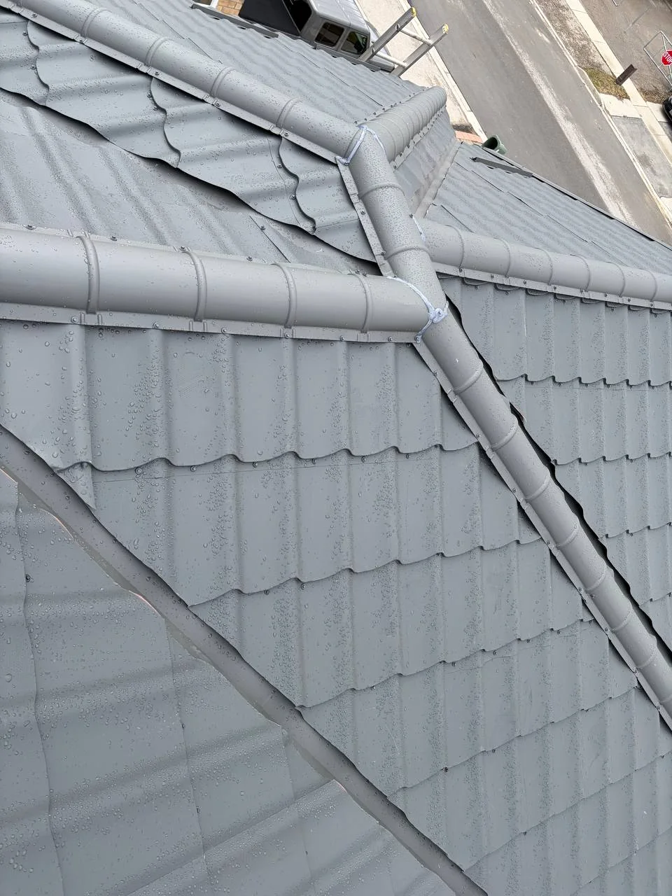 Grey metal-tile valleys, ridges and matching accessories